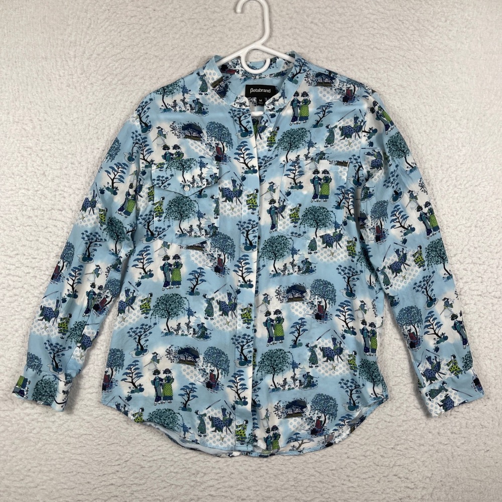 Betabrand Shirt Womens Medium Light Blue Asian Scene Samurai Bonsai Tree Travel